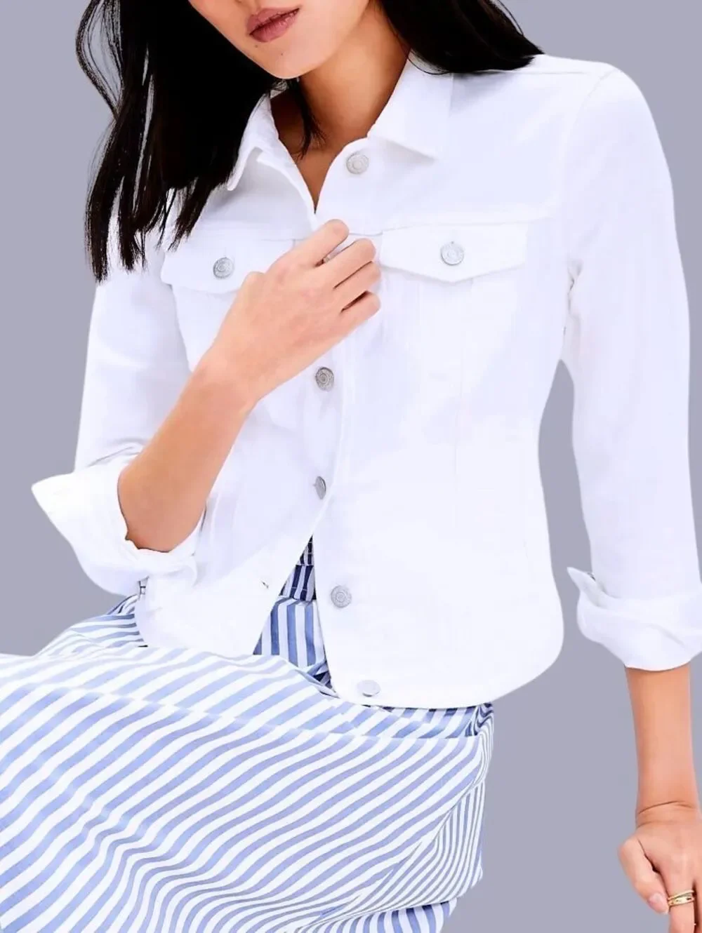 ANN TAYLOR LOFT Womens (S) White Denim ButtonUp Cotton-Stretch Trucker Jacket